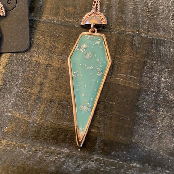 New Mint Mongoose Art Deco Style Rose Gold Colored Aqua Earring Necklace Set - Picture 3 of 4